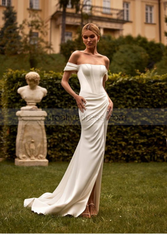 Off Shoulder Ivory Satin Slit Sexy Wedding Dress